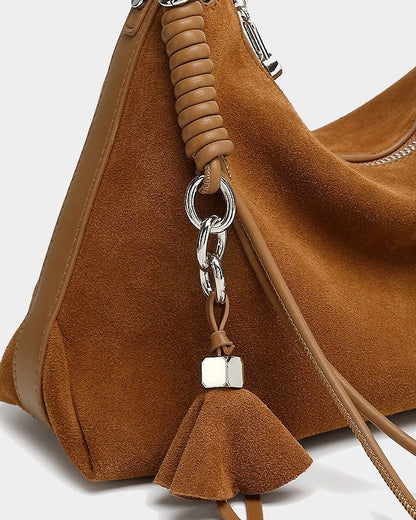 Suede Luxe Hobo Bag with Braided Detail & Tassel Accent