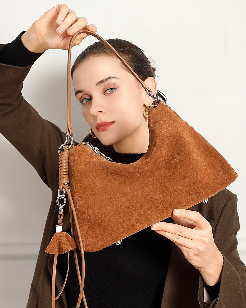 Suede Luxe Hobo Bag with Braided Detail & Tassel Accent