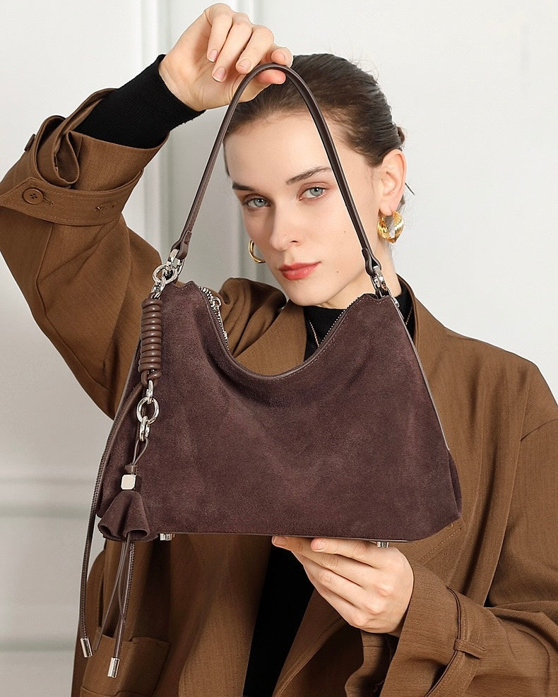 Suede Luxe Hobo Bag with Braided Detail & Tassel Accent