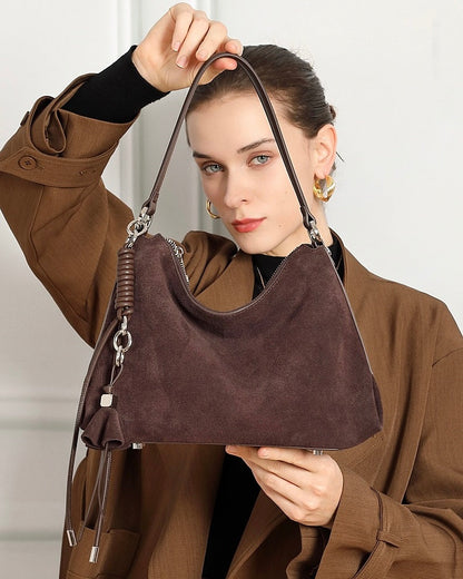 Suede Luxe Hobo Bag with Braided Detail & Tassel Accent