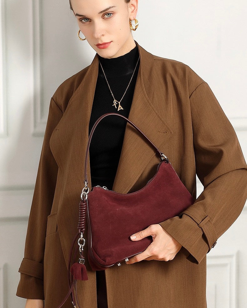 Suede Luxe Hobo Bag with Braided Detail & Tassel Accent