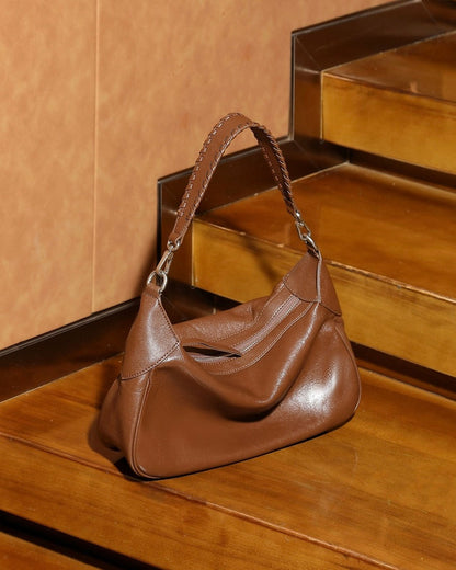 Braided-Handle Genuine Saddle Leather Hobo Bag