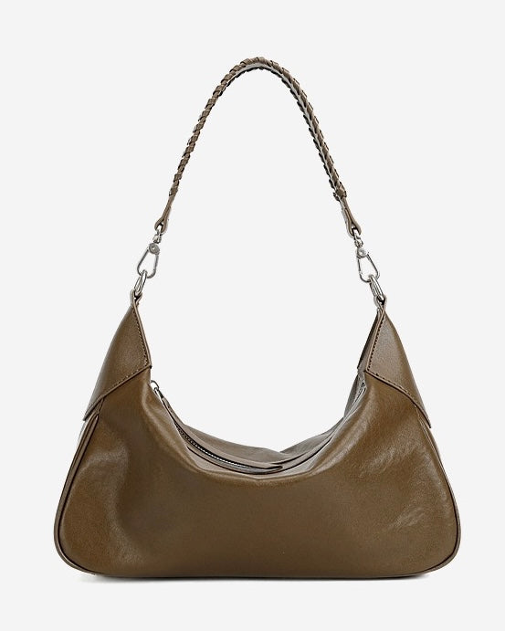 Braided-Handle Genuine Saddle Leather Hobo Bag