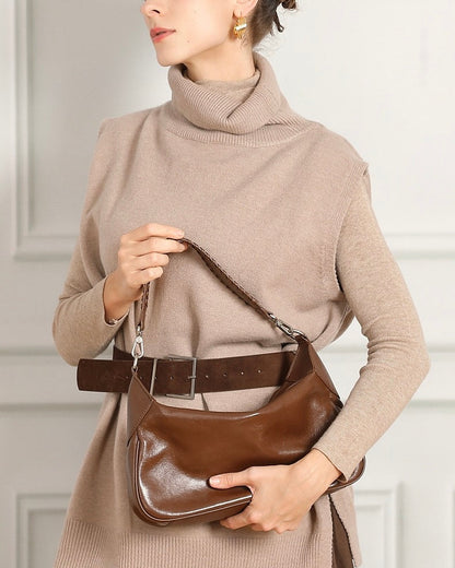 Braided-Handle Genuine Saddle Leather Hobo Bag