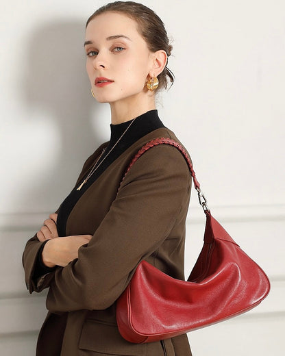 Braided-Handle Genuine Saddle Leather Hobo Bag