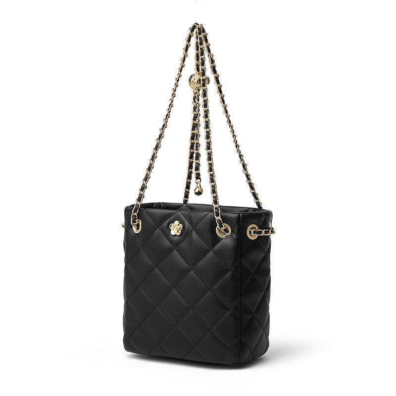 Genuine Leather Quilted Chain-Embellished Crossbody Bag