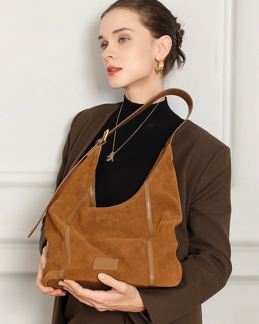 Women's Suede Structured Hobo Bag with Contrast Stitching