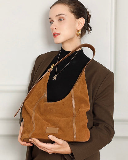 Women's Suede Structured Hobo Bag with Contrast Stitching