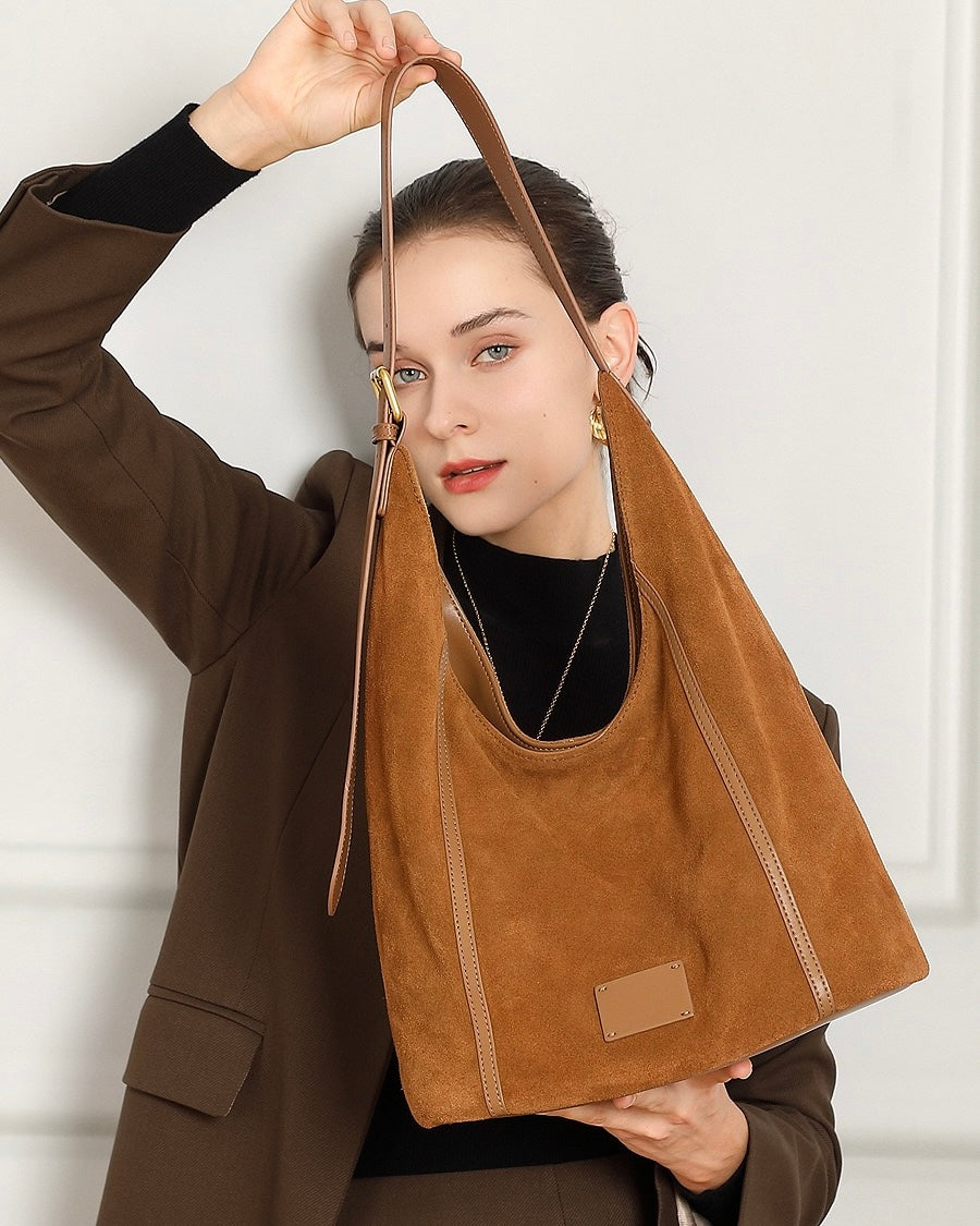 Women's Suede Structured Hobo Bag with Contrast Stitching
