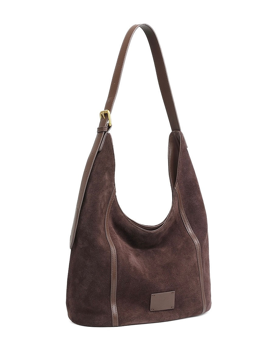 Women's Suede Structured Hobo Bag with Contrast Stitching