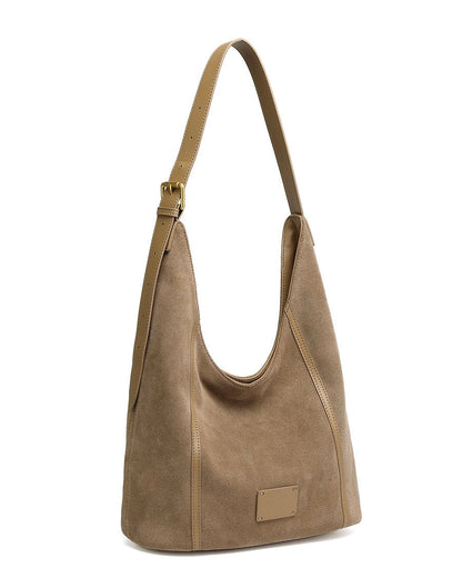 Women's Suede Structured Hobo Bag with Contrast Stitching