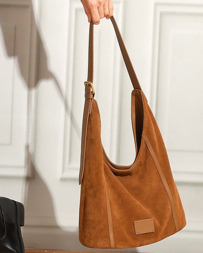 Women's Suede Structured Hobo Bag with Contrast Stitching