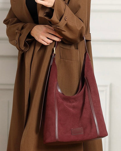 Women's Suede Structured Hobo Bag with Contrast Stitching