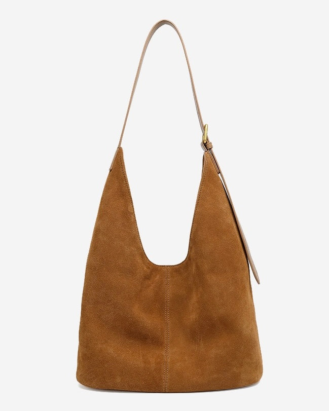 Women's Suede Structured Hobo Bag with Contrast Stitching