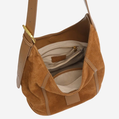 Women's Suede Structured Hobo Bag with Contrast Stitching