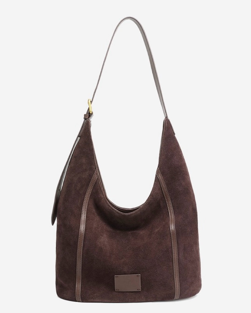 Women's Suede Structured Hobo Bag with Contrast Stitching