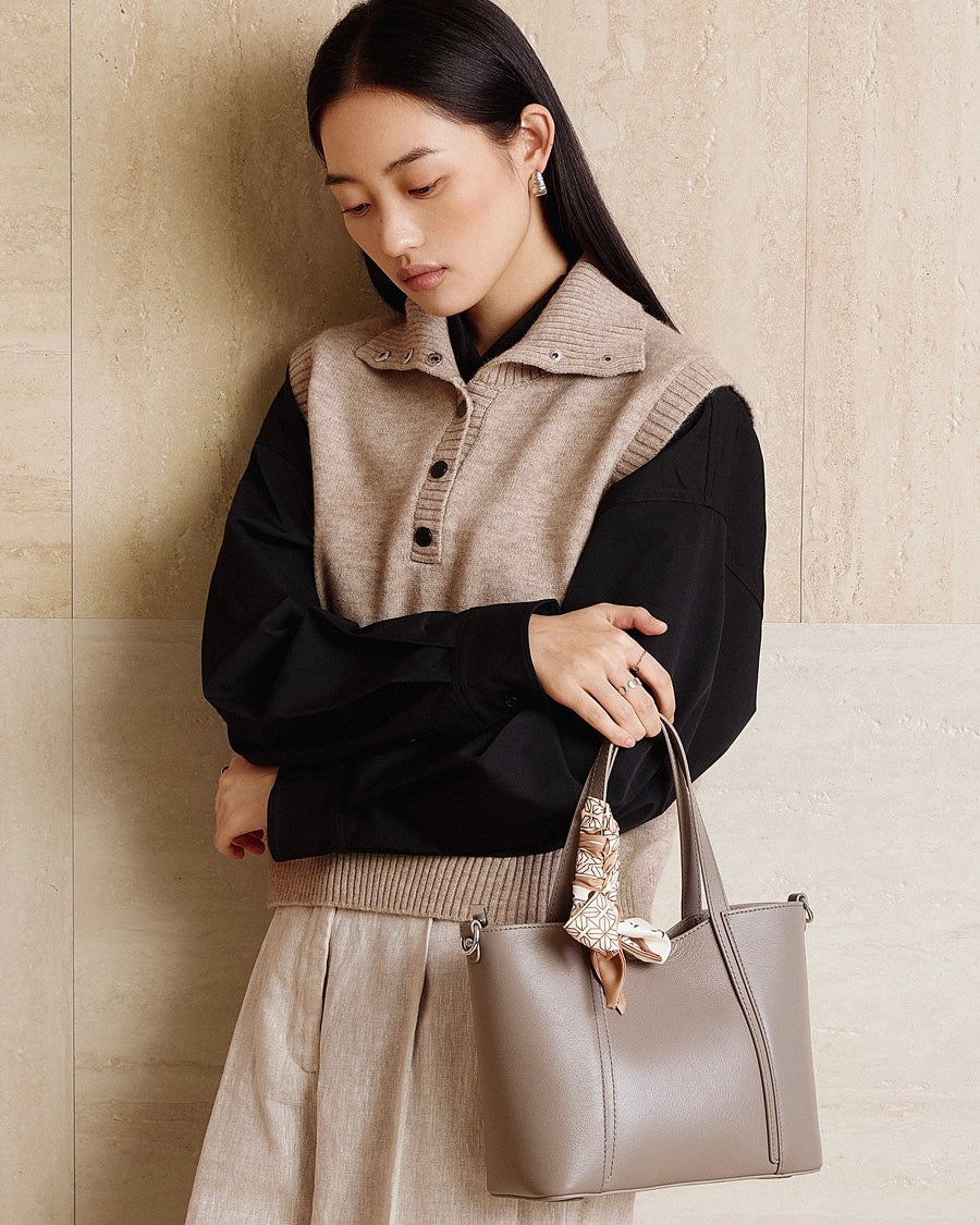 Women's Genuine Leather Handbag with Signature Ribbon Embellishment