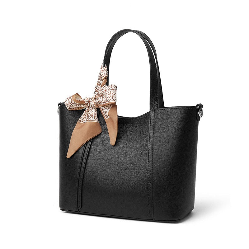 Women's Genuine Leather Handbag with Signature Ribbon Embellishment