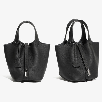 Women's Genuine Leather Silver Buckle Basket Bag