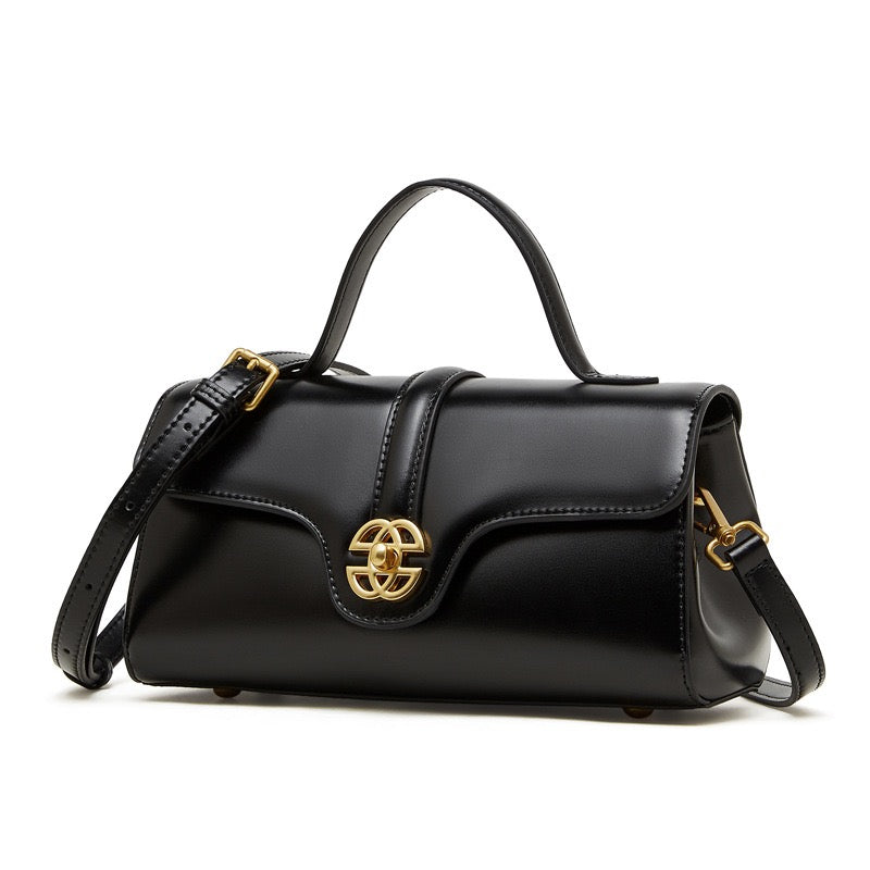 Women's Genuine Leather Top-Handle Bag with Signature Gilded Lock Closure