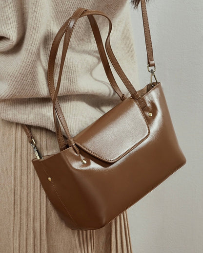 Women's Genuine Leather Flap Tote with Convertible Straps