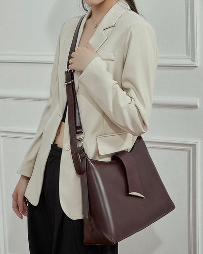Smooth Leather Hobo Bag with Architectural Hardware & Adjustable Strap