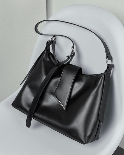 Smooth Leather Hobo Bag with Architectural Hardware & Adjustable Strap