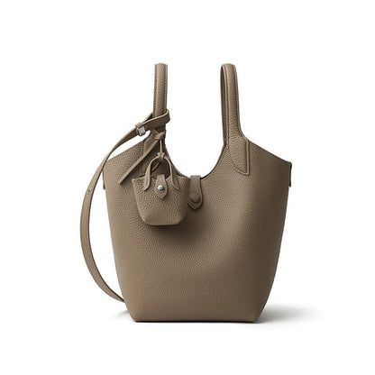 Women's Elegant Pebbled Leather Bucket Bag with Mini Pouch