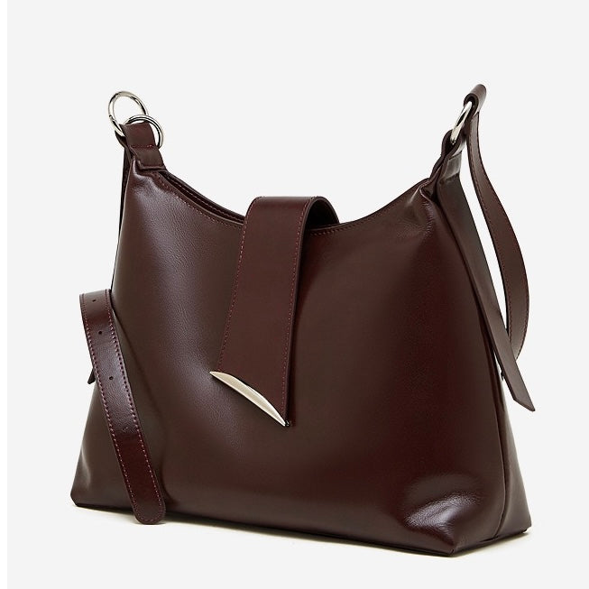 Smooth Leather Hobo Bag with Architectural Hardware & Adjustable Strap