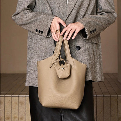 Women's Elegant Pebbled Leather Bucket Bag with Mini Pouch