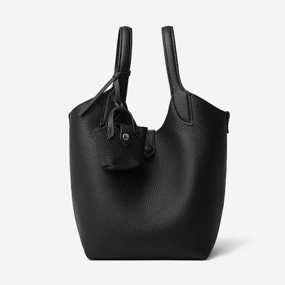 Women's Elegant Pebbled Leather Bucket Bag with Mini Pouch