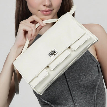 Women's Genuine Leather Designer Lock Clasp Shoulder Handbag