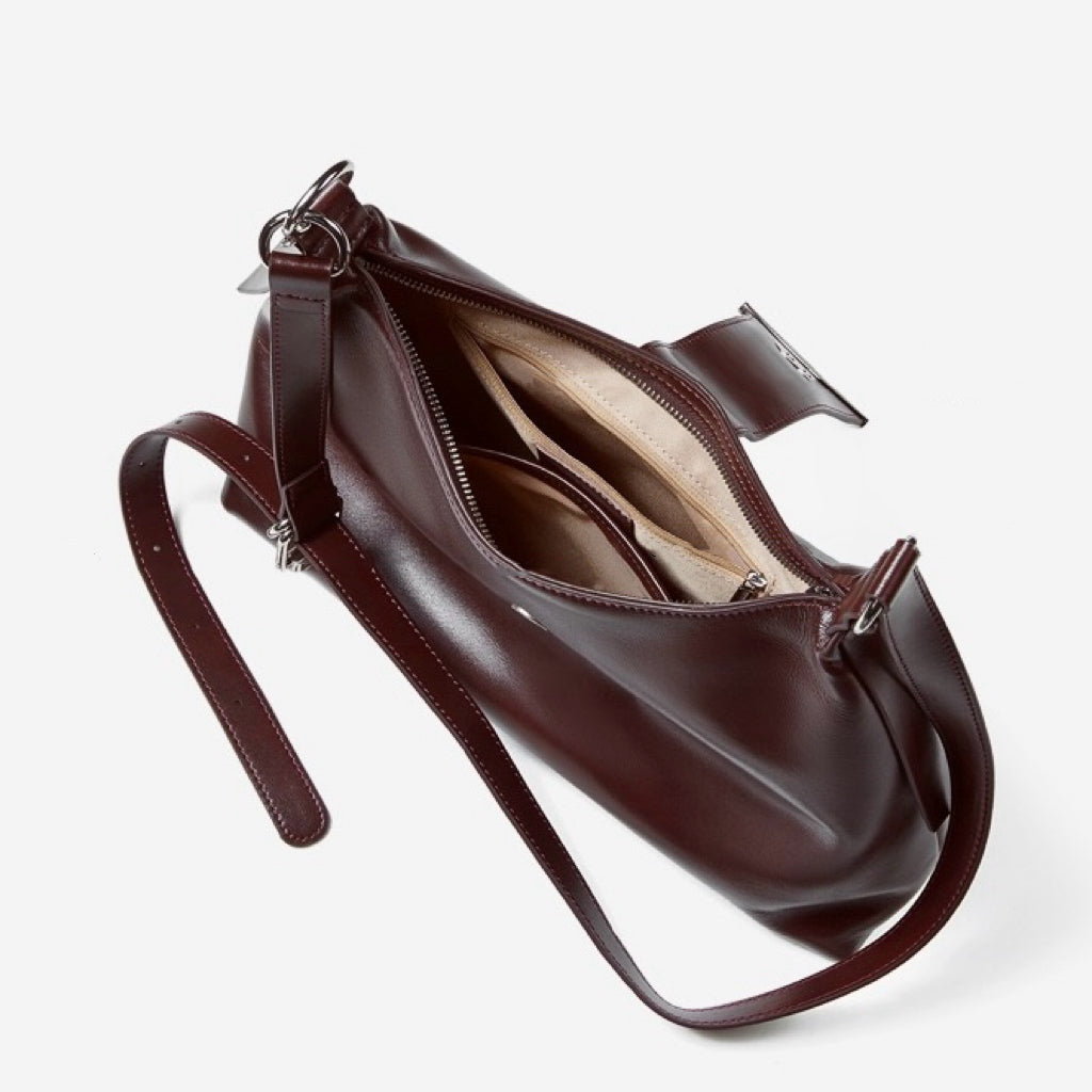 Smooth Leather Hobo Bag with Architectural Hardware & Adjustable Strap