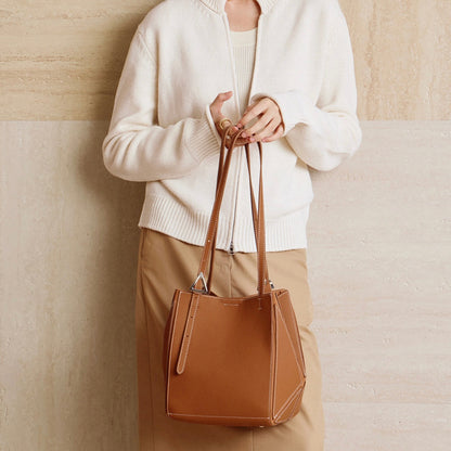 Women's Elegant Camel Textured Leather Shoulder Tote
