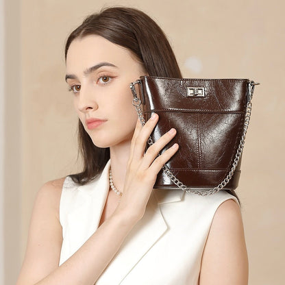 Women's Luxury Waxed Top Grain Leather Bucket Bag