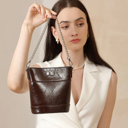 Women's Luxury Waxed Top Grain Leather Bucket Bag