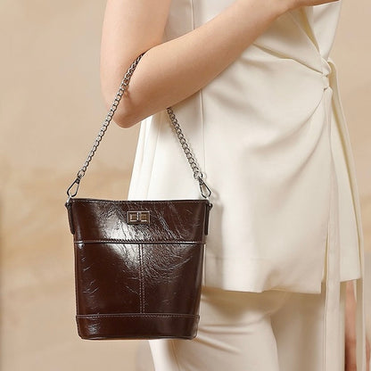 Women's Luxury Waxed Top Grain Leather Bucket Bag