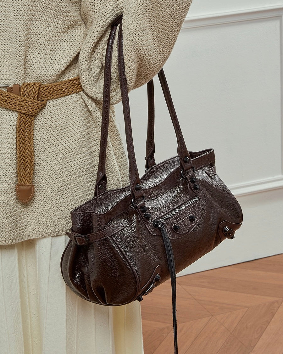 Women's Pebbled Leather Shoulder Bag with Slouchy Silhouette