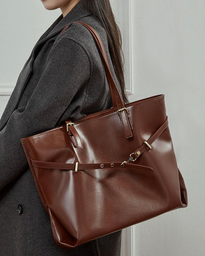 Genuine Leather Casual Tote – Large Capacity with Signature Lock Closure