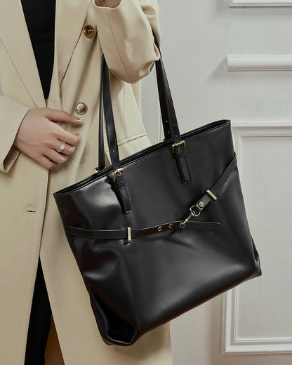 Genuine Leather Casual Tote – Large Capacity with Signature Lock Closure