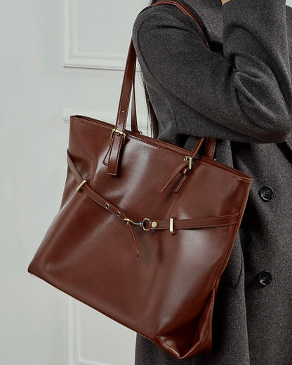 Genuine Leather Casual Tote – Large Capacity with Signature Lock Closure