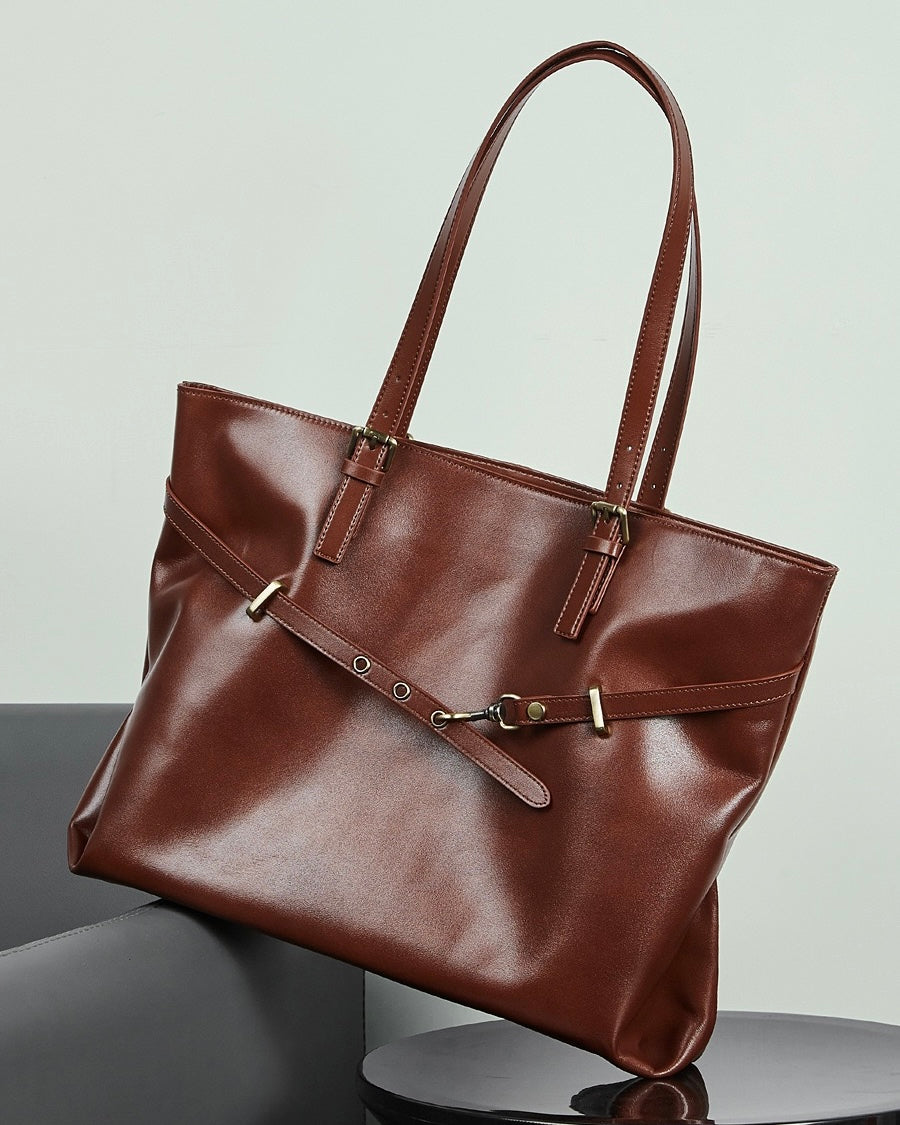 Genuine Leather Casual Tote – Large Capacity with Signature Lock Closure