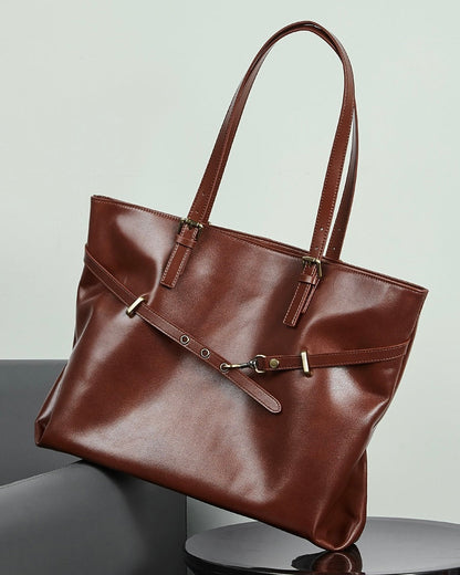 Genuine Leather Casual Tote – Large Capacity with Signature Lock Closure