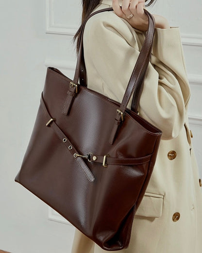 Genuine Leather Casual Tote – Large Capacity with Signature Lock Closure