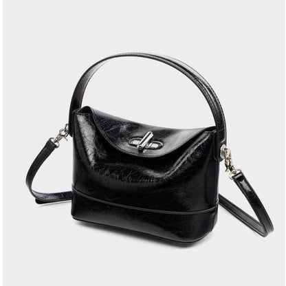 Women’s Genuine Leather Mini Bucket Shoulder Bag – Chic Turn-Lock Crossbody
