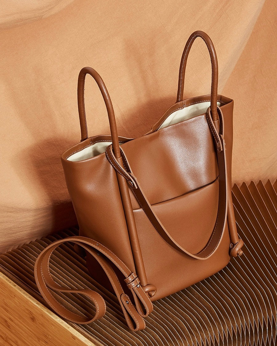 Women's Camel Knot-Detail Genuine Leather Bucket Bag