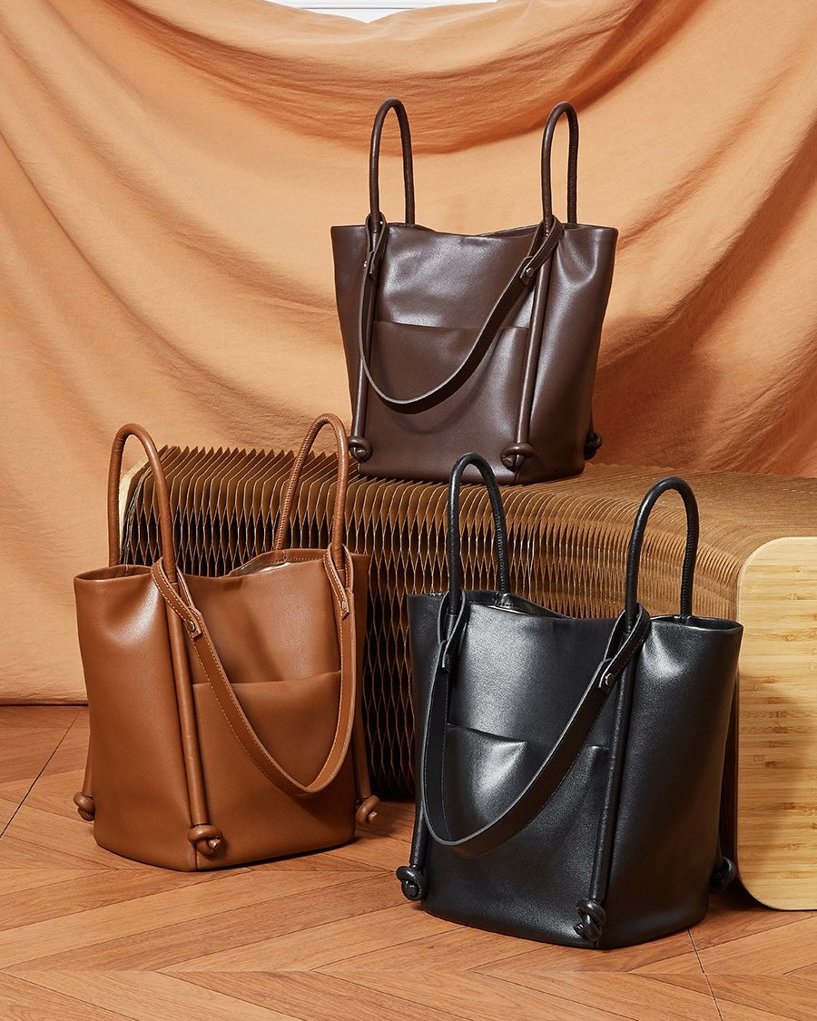 Women's Camel Knot-Detail Genuine Leather Bucket Bag