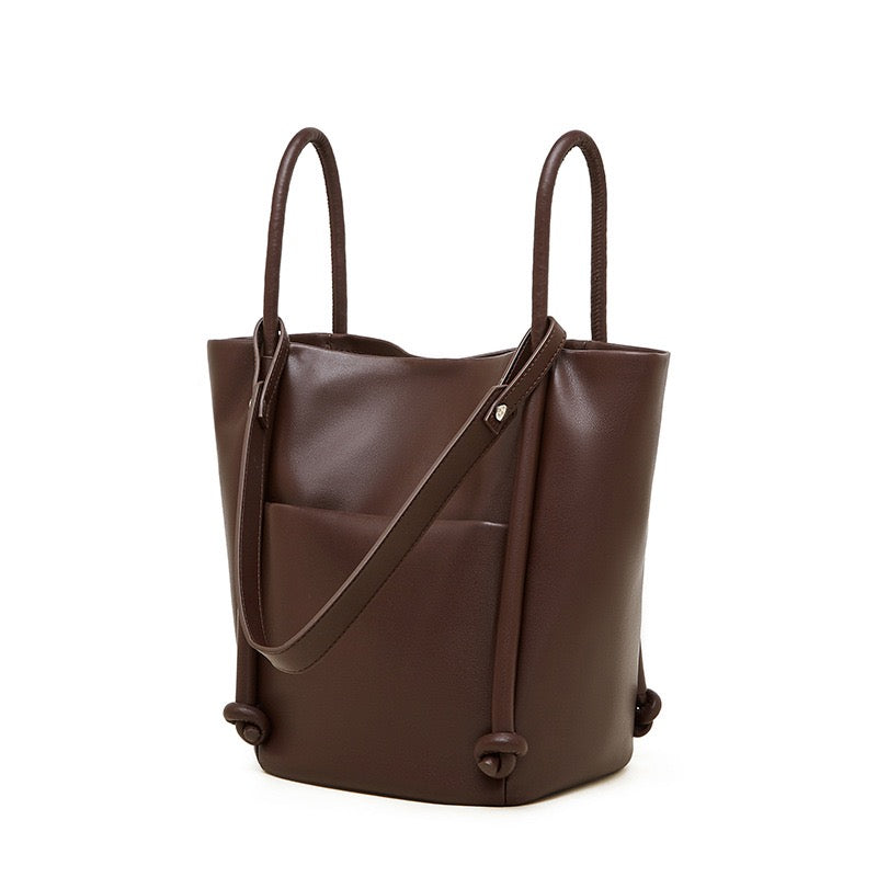 Women's Camel Knot-Detail Genuine Leather Bucket Bag