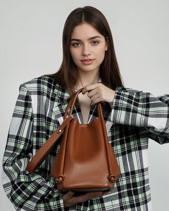 Women's Camel Knot-Detail Genuine Leather Bucket Bag