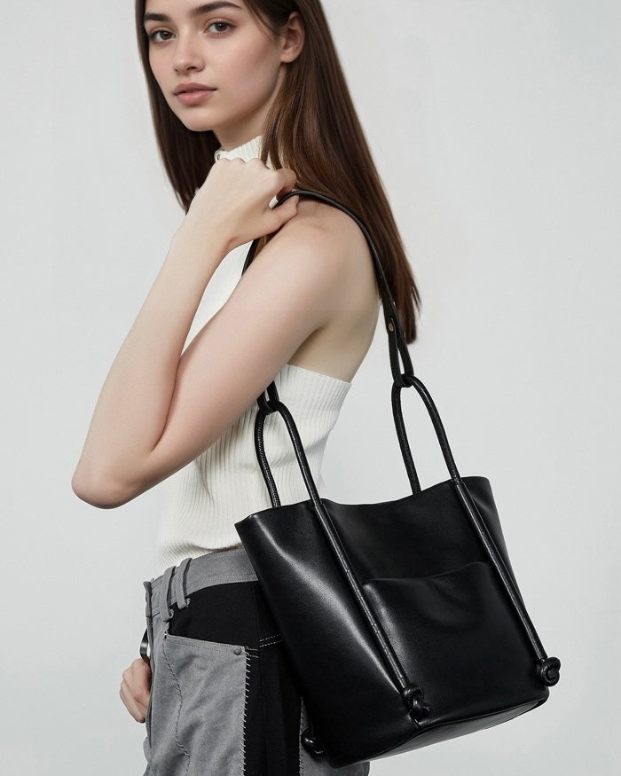 Women's Camel Knot-Detail Genuine Leather Bucket Bag